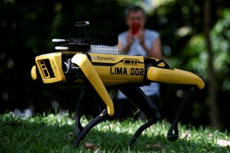 'Cão robô' reforça medidas de distanciamento social em parque de Cingapura