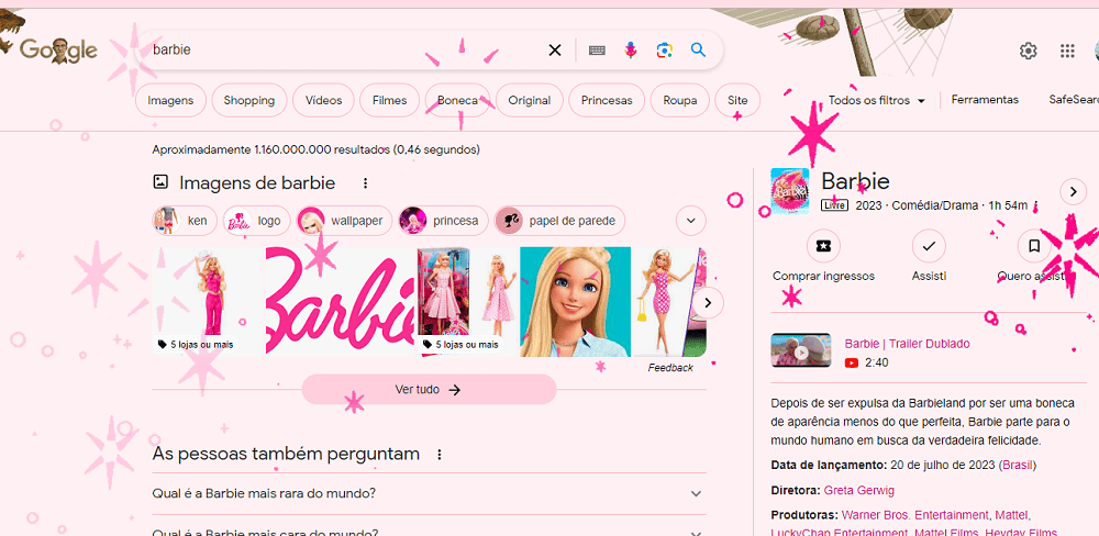 Pesquisa sobre a Barbie faz o Google ficar rosa; veja Pesquisa sobre a Barbie faz o Google ficar rosa; veja