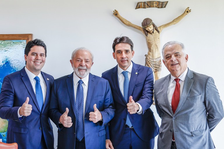 André Fufuca (Esporte), o presidente Lula, Silvio Costa Filho (Portos e Aeroportos) e Márcio França (Empreendedorismo): nova configuração de ministérios. Foto: Ricardo Stuckert / PR